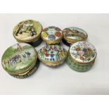 A collection of six enamel pill boxes including Halcyon days