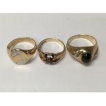 Three gold rings with 9 ct gold bands