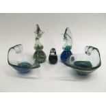 Two Mdina glass shallow bowls and three paperweigh