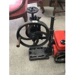 An old manual pillar drill fuel cans and vintage small portable TV (a lot)