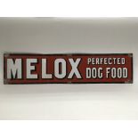 A Melox dog food enamel sign, approx 76cm x 18cm.