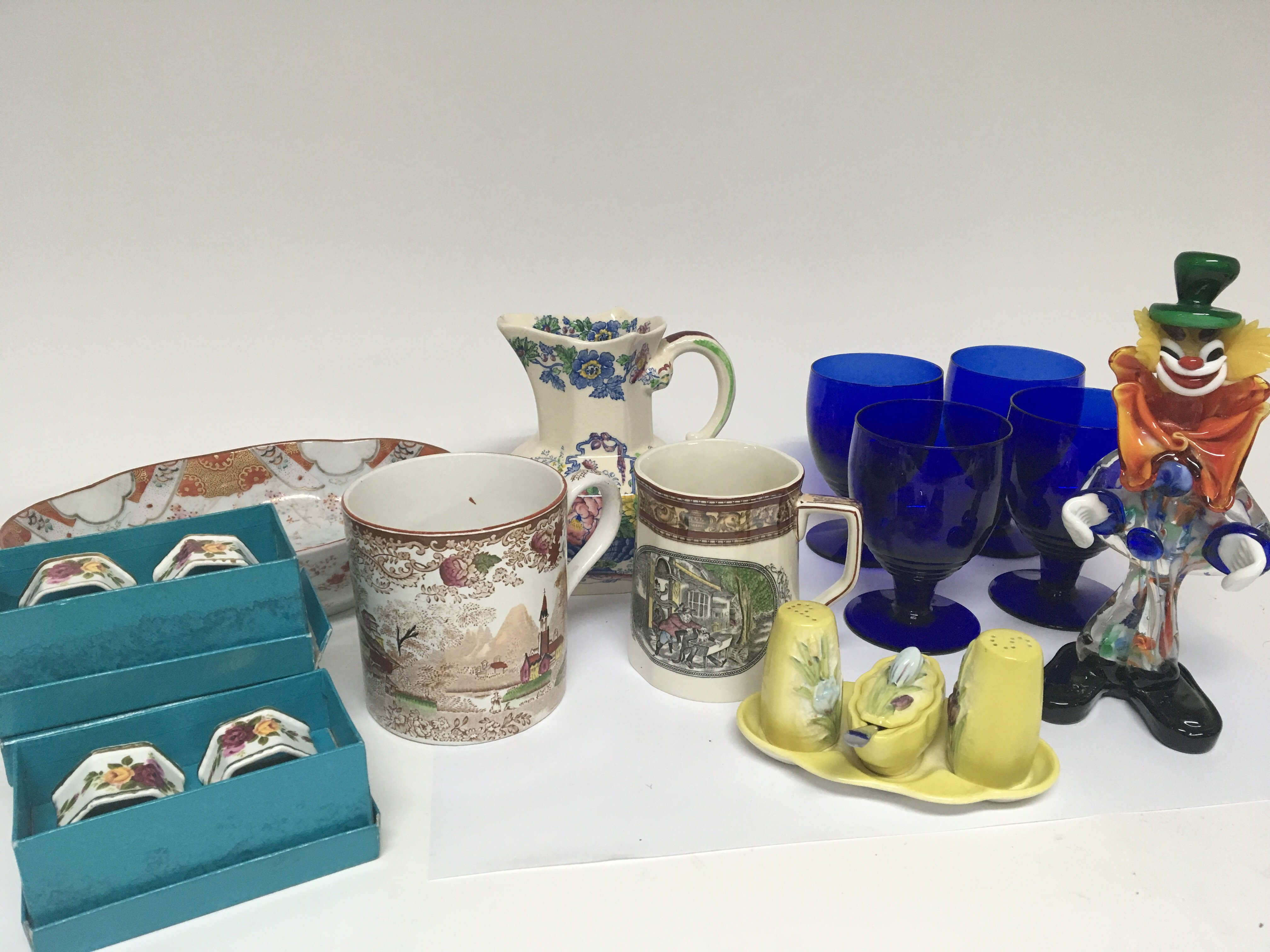 A collection ceramics comprising Bristol blue glas