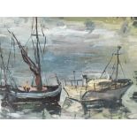 An oil on canvas of fishing boats in a harbour, attributed to D.Grant. Approx 61cm x 51cm, a/f.