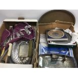 Two boxes of mainly silver plated items including