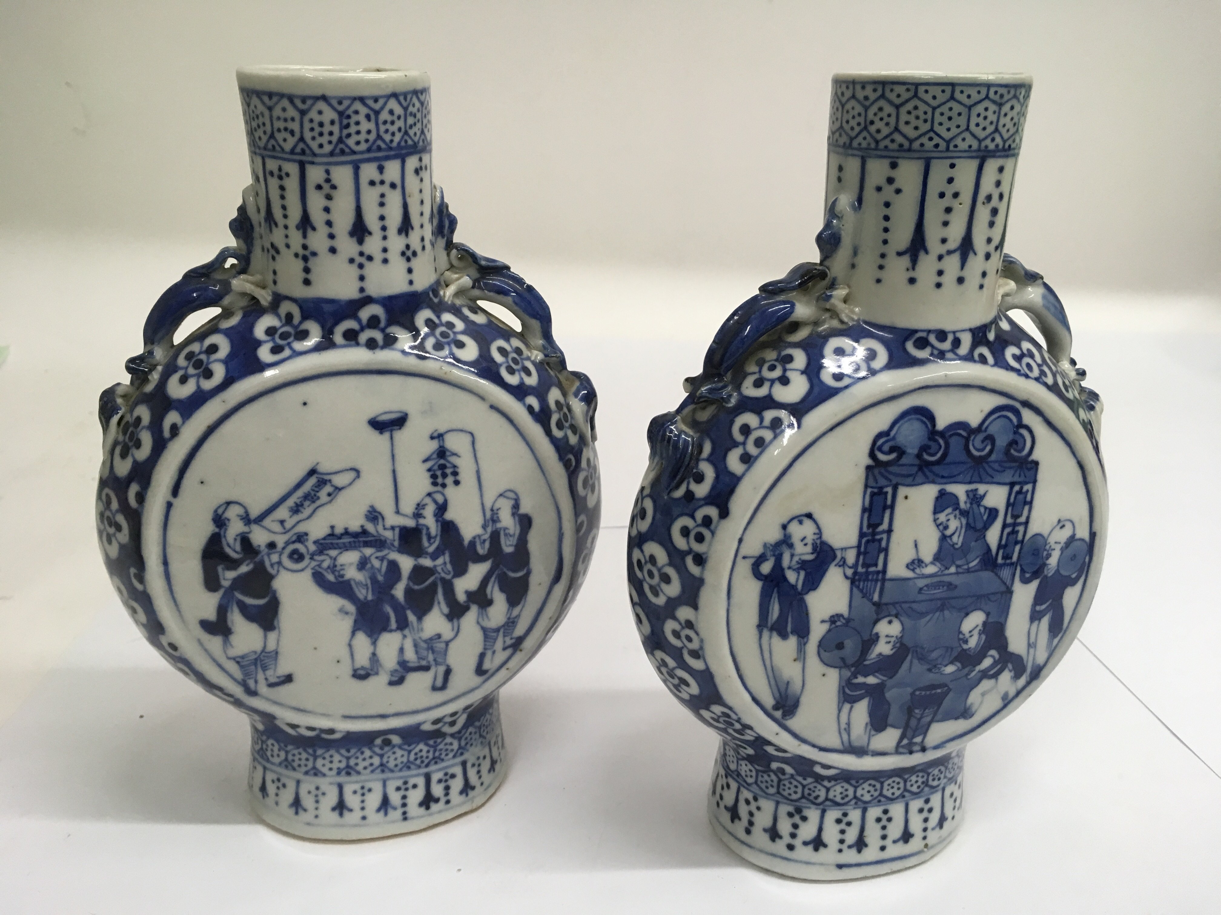 Two, Chinese blue and white moon flasks, painted w - Image 2 of 3