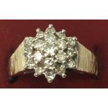 An unmarked, 18ct gold and diamond cluster ring.Ap