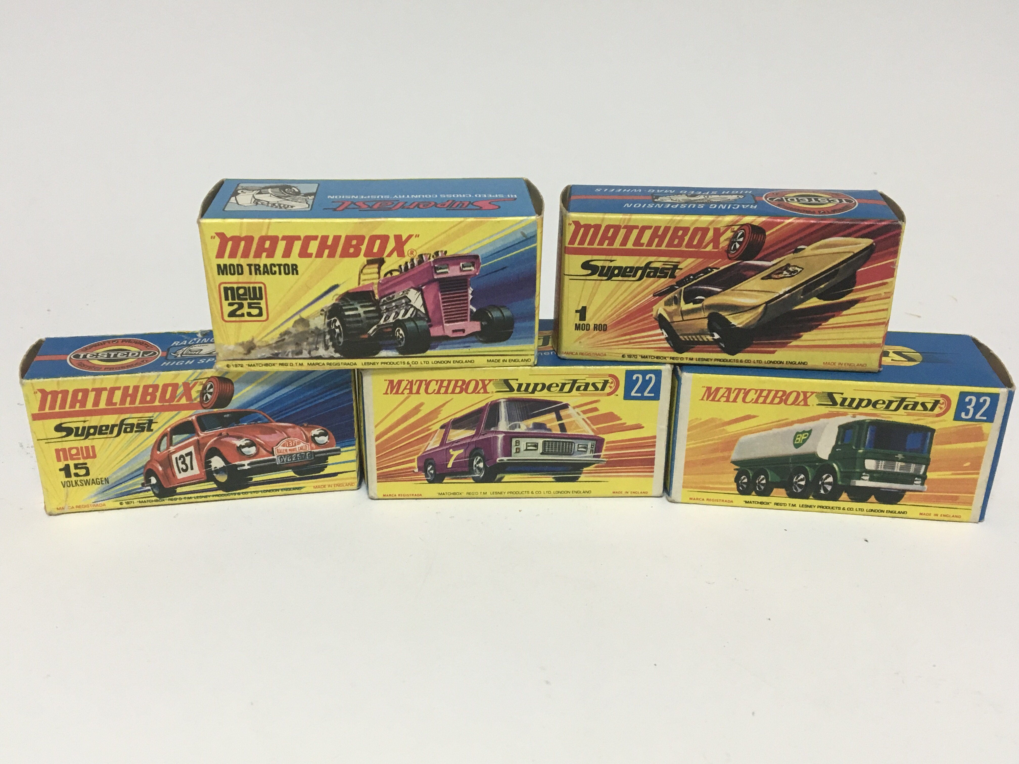 A collection of Matchbox Superfast cars in boxes.