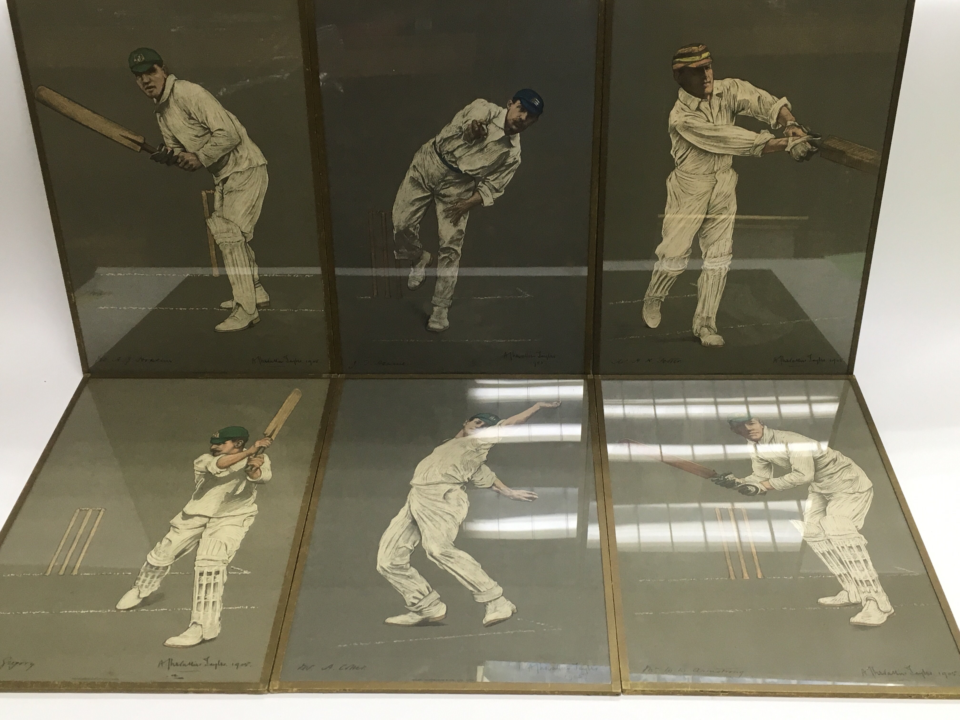 Six framed and glazed prints of cricketers by Albe