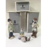 Three small Lladro clowns, boxed