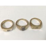 Three gent's 9ct gold, stone set signet rings.Appr