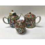 Two small canton tea pots and a jar and cover