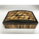 A parquetry box, approx 20.5cm x 7.5cm x 13cm.