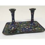 A cloisonne dressing table tray with candle sticks a tray tidy jar and a pot and cover - NO RESERVE