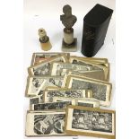 A Classical style female bust on onyx base, a monocular and Stereoscopic cards