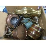 A box of mixed metalware including various brass and copper items.