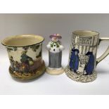 A doulton tankard, a small jardiniere and a snowma