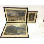 Two landscape watercolours, one indistinctly signed, and a picture of 'Red Riding Hood'. Largest