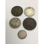 Five Georgian and later GB coins including a 1797 cartwheel penny.