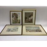 Six early 20th Century watercolours by F.E. Allen, 1890-1939, plus a Valerie Petts print of Oxford.