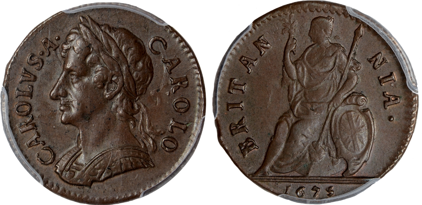 British Coins, Charles II, farthing, 1675, laur. bust l., rev. Britannia std. l., with shield and