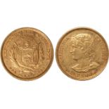 World Coins, El Salvador, Republic, gold 5 pesos, 1892CAM, arms, rev. bust l. (KM.117), good very
