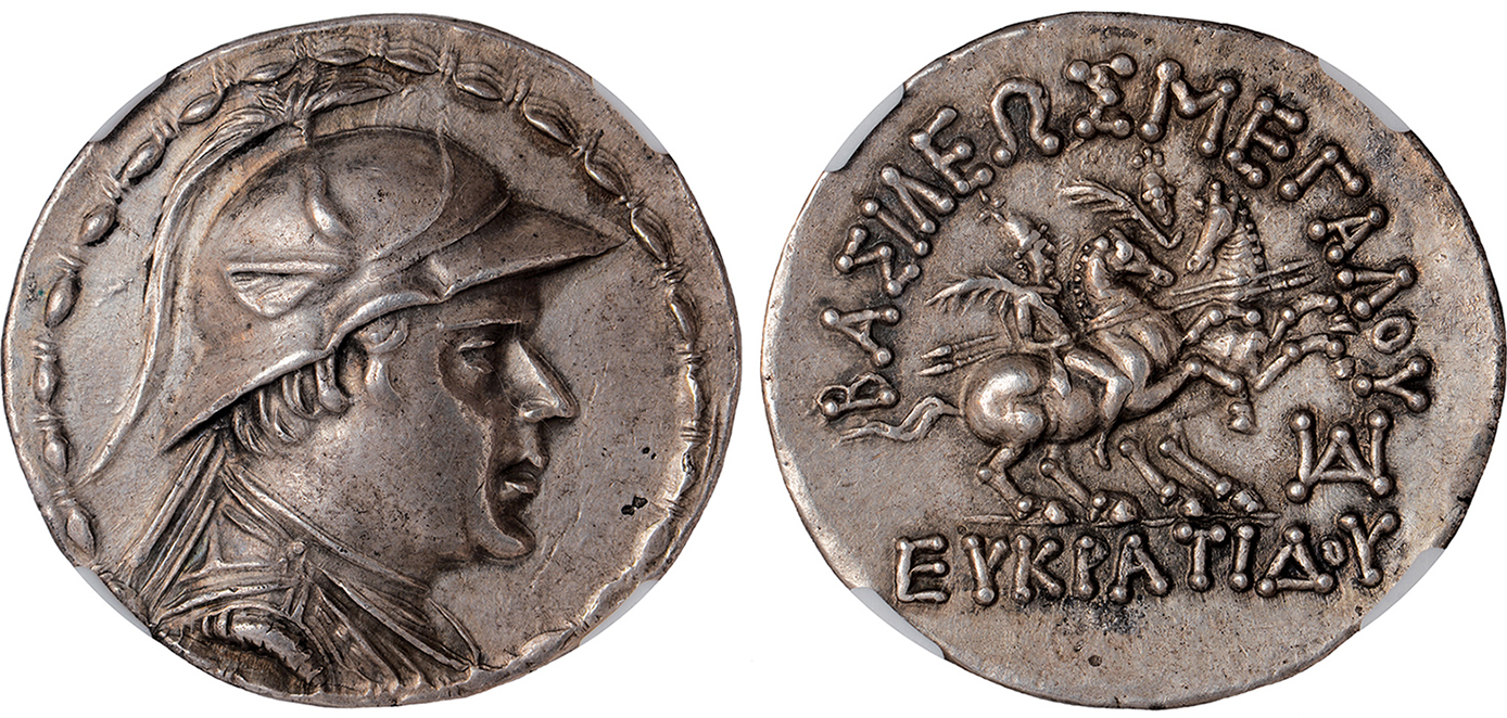 Ancient Coins, Greek, Bactria, Eucratides I (170-145 BC), tetradrachm, dr., cuir. bust r., wearing