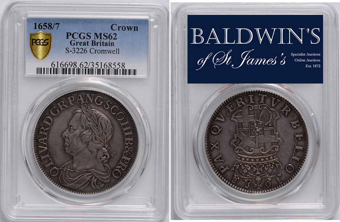 British Coins, Oliver Cromwell, crown, 1658/7, by Thomas Simon, laureate draped bust l, rev. crowned - Image 2 of 2