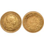 World Coins, Argentina, Republic, gold ½ argentino (2½ pesos), 1884, Liberty head r., rev. arms (