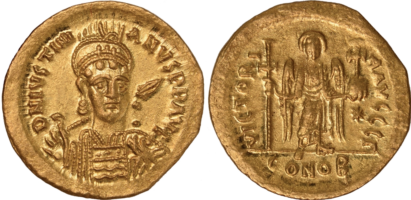 Ancient Coins, Byzantine, Justinian I (527-565), gold solidus, Constantinople, officina R,