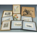 Quantity of pictures to include watercolour street scene, local interest engravings, engravings of