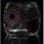 Daum Coppelia clear glass vase with applied pink and purple pate de verre flowers, 12cm tall.