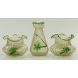 Kralik applied flowers iridescent glass trio of three vases with fluted bodies and green floral