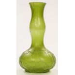 Kralik Art Nouveau glass double gourd vase with crackle decoration over green ground, 25cm tall.