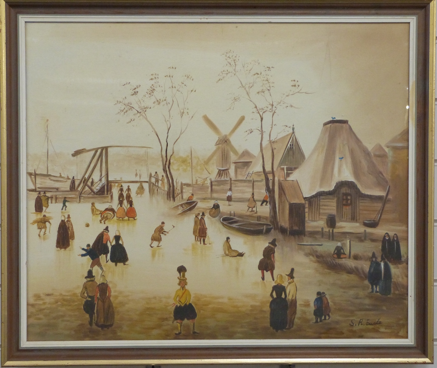 S R Earle or Eazle oil on canvas Dutch winter scene with figures on a frozen canal with buildings - Image 2 of 4