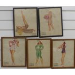 Five vintage framed glamour calendar images, circa 1948, marked Petty, each approximately 27x22cm