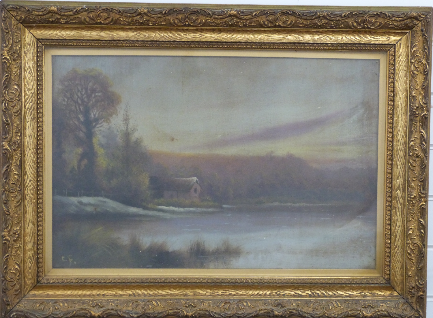 Victorian oil on canvas of a house by a lake, initialed CF lower left, in ornate gilt frame - Image 2 of 4