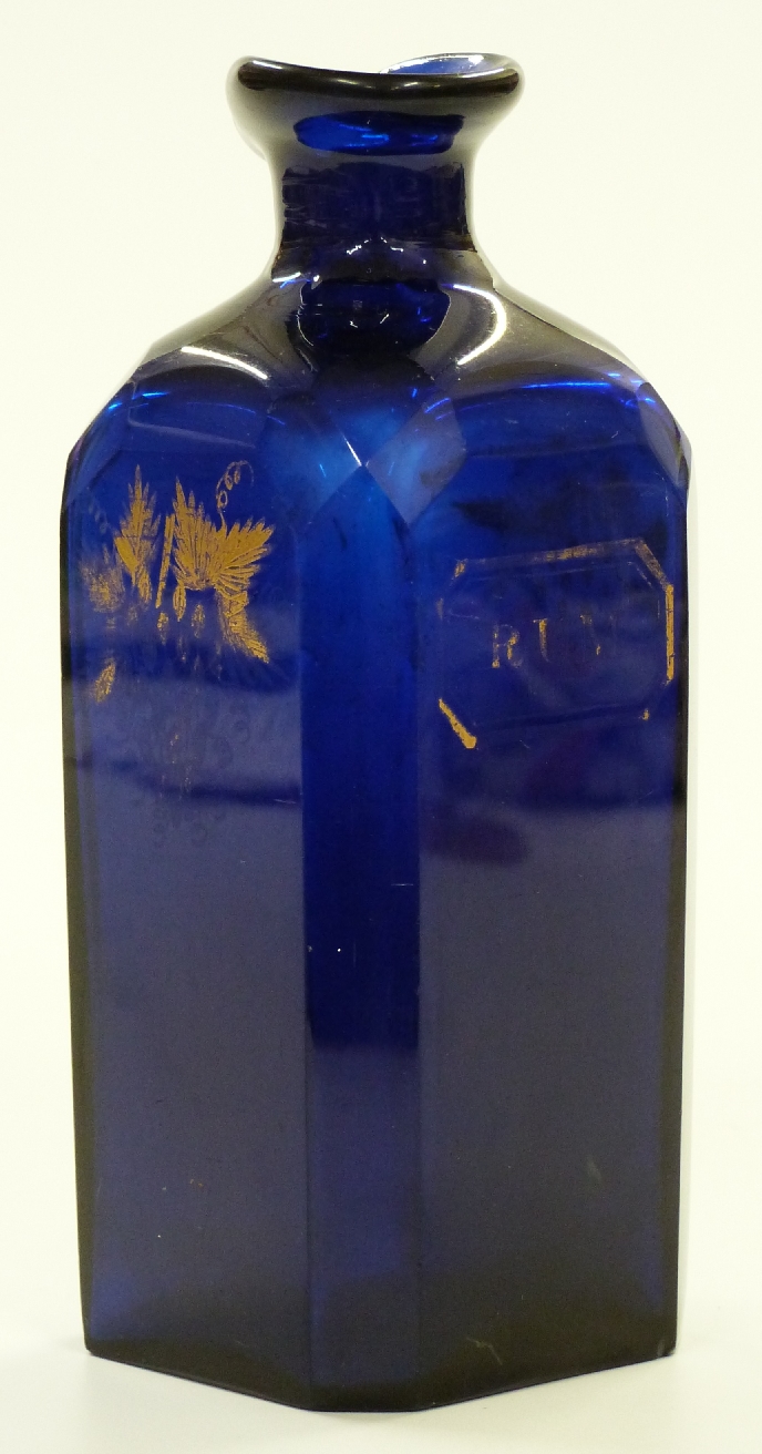 A 19th century Bristol blue glass 'Rum' decanter with faceted edges and gilt decoration, possible - Image 2 of 2