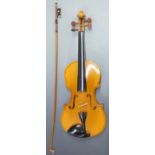 Lark full size late 20th century violin in blonde lacquered finish, two piece 35.5cm back,