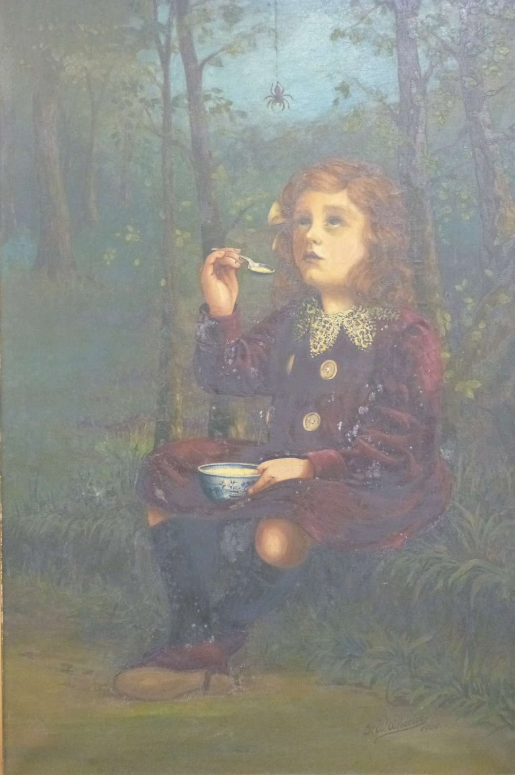 F.W Wheeler oil on canvas Little Miss Muffet, signed and dated 1920 lower right, 75 x 50cm