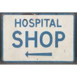 Vintage pressed aluminium hospital shop sign with arrow below text 46 x 68.5cm