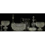Fifteen pieces of clear cut glassware including a large jug, side plates, decanter and matching