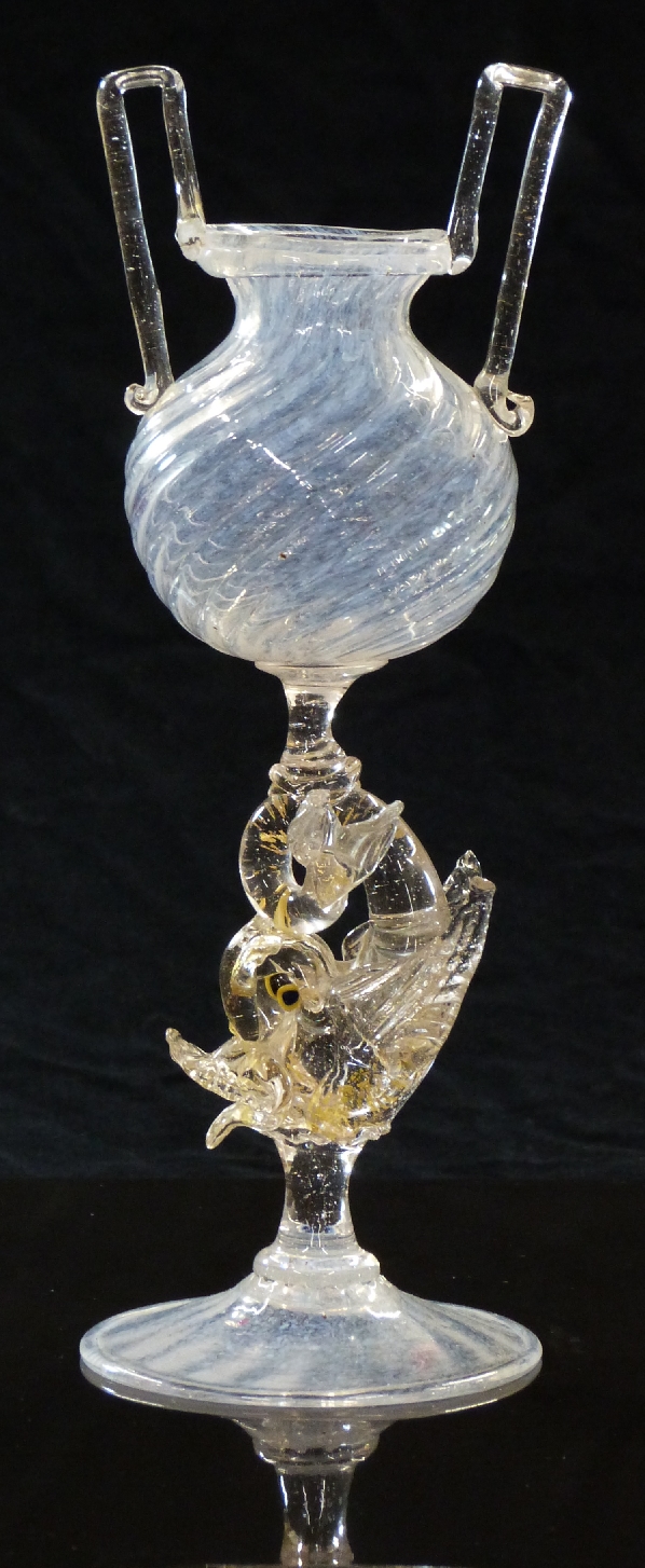 Salviati Venetian glass vase with urn style wrythen molded body and gilt decorated stem in the