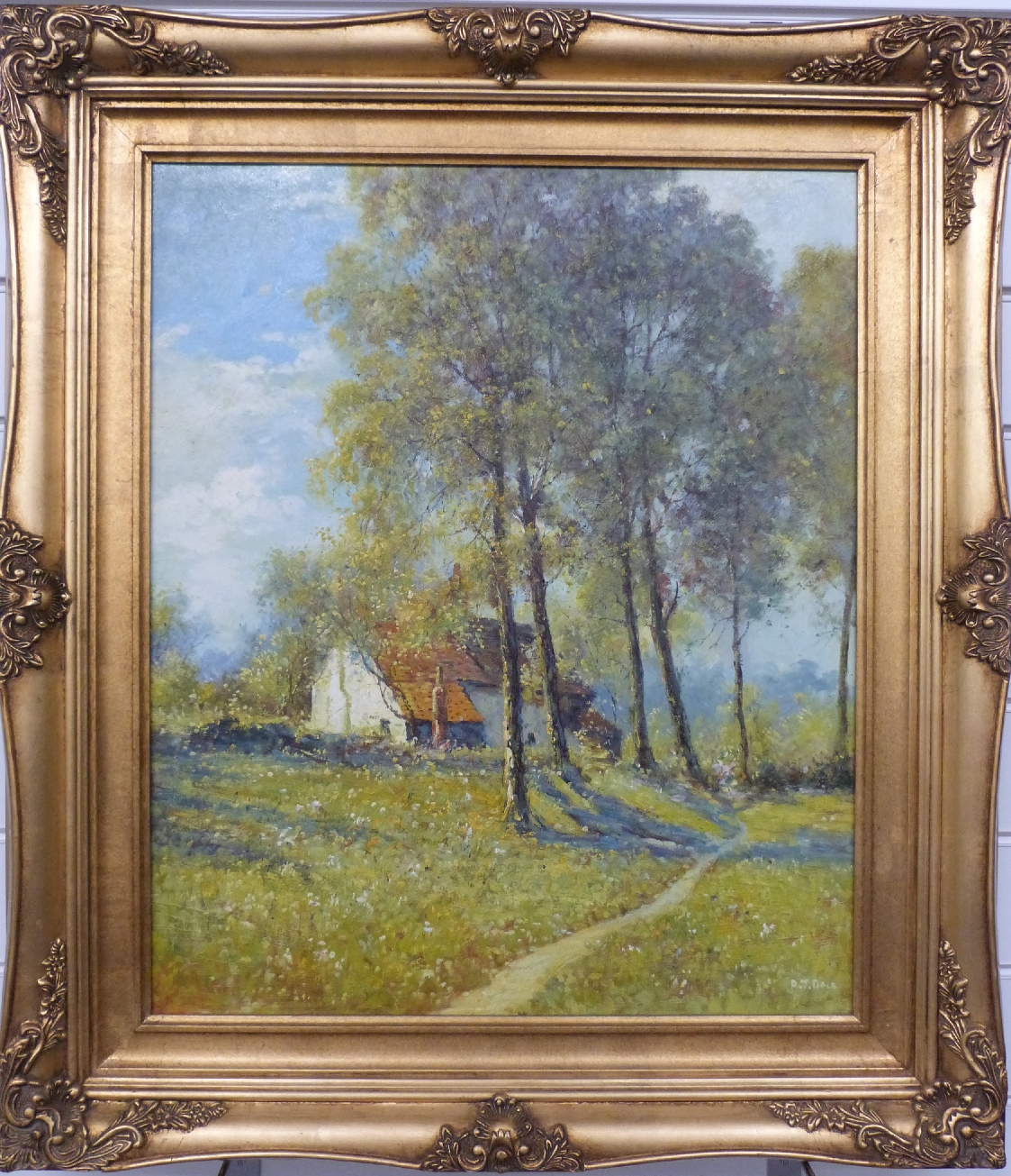 A J Dale oil on canvas of a path to a cottage, signed lower left, 56 x 49.5cm - Image 2 of 4