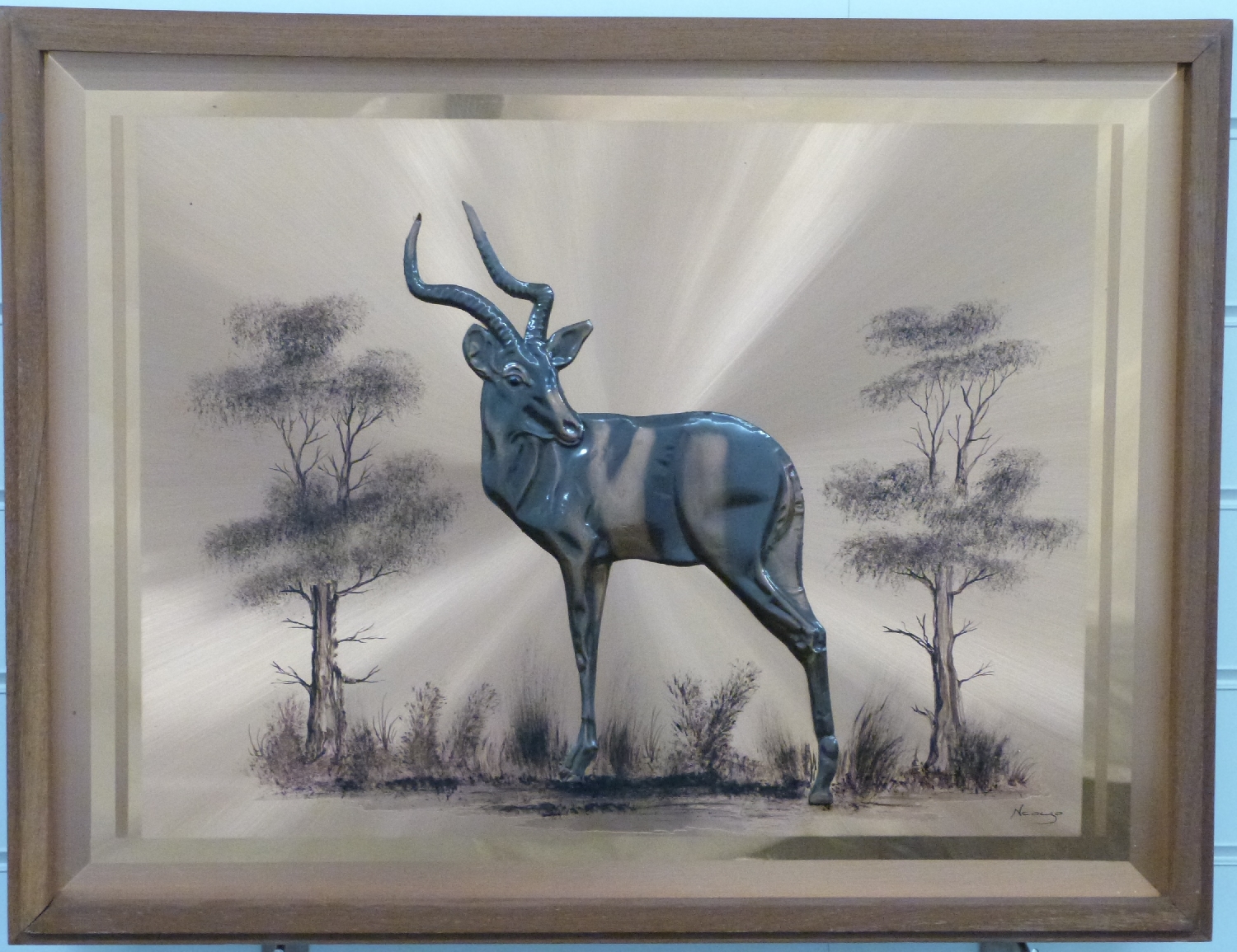 Retro South African copper plaque of an antelope / eland, signed Ncoyo, 44 x 59cm