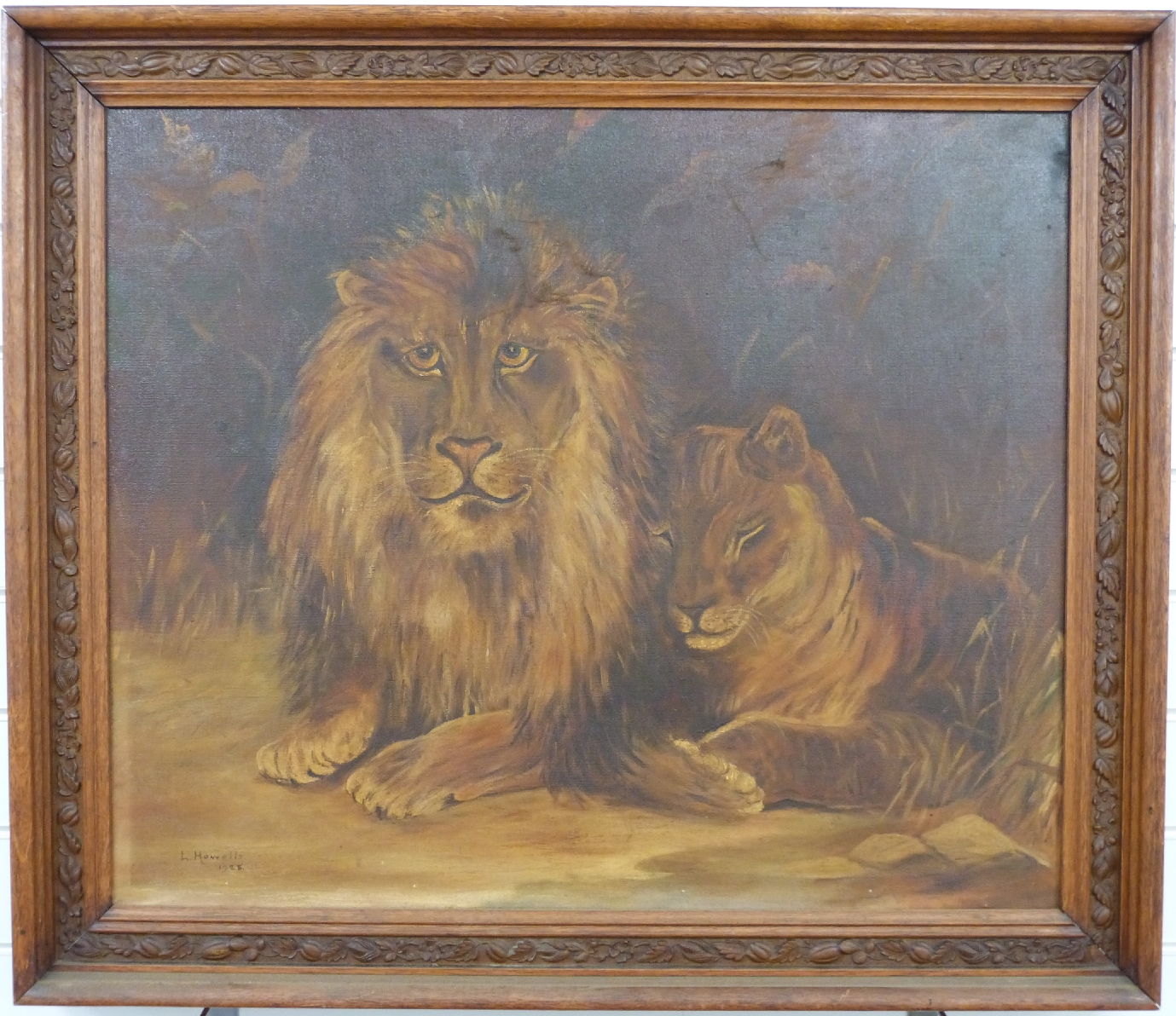 L.Howells oil on canvas of a lion and lioness signed and dated 1928 lower left, 64 x 76cm - Image 2 of 4