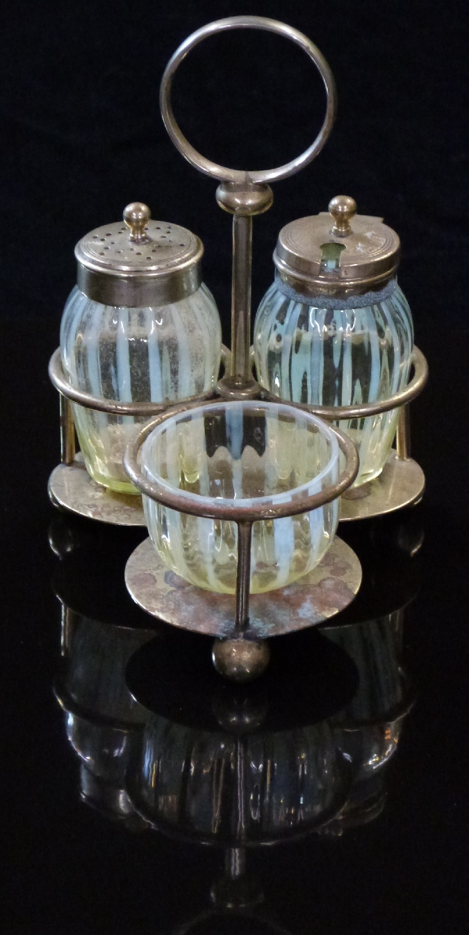 Vaseline or straw opal glass three piece cruet set, possibly James Powell on Frank Mills & Co silver