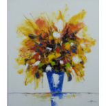 Modern acrylic on canvas still life of flowers in vase, indistinctly signed lower right, 89 x 78cm