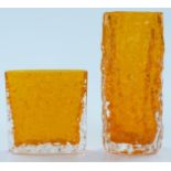 Two Geoffry Baxter Whitefriars textured bark glass vases in tangerine, largest 19cm tall