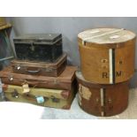 Six pieces of vintage luggage including leather suitcases, hat box with Cunard white Star Line