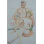 Angela Munslow watercolour of nude couple, monogrammed A M lower right, 82cm x 62cm